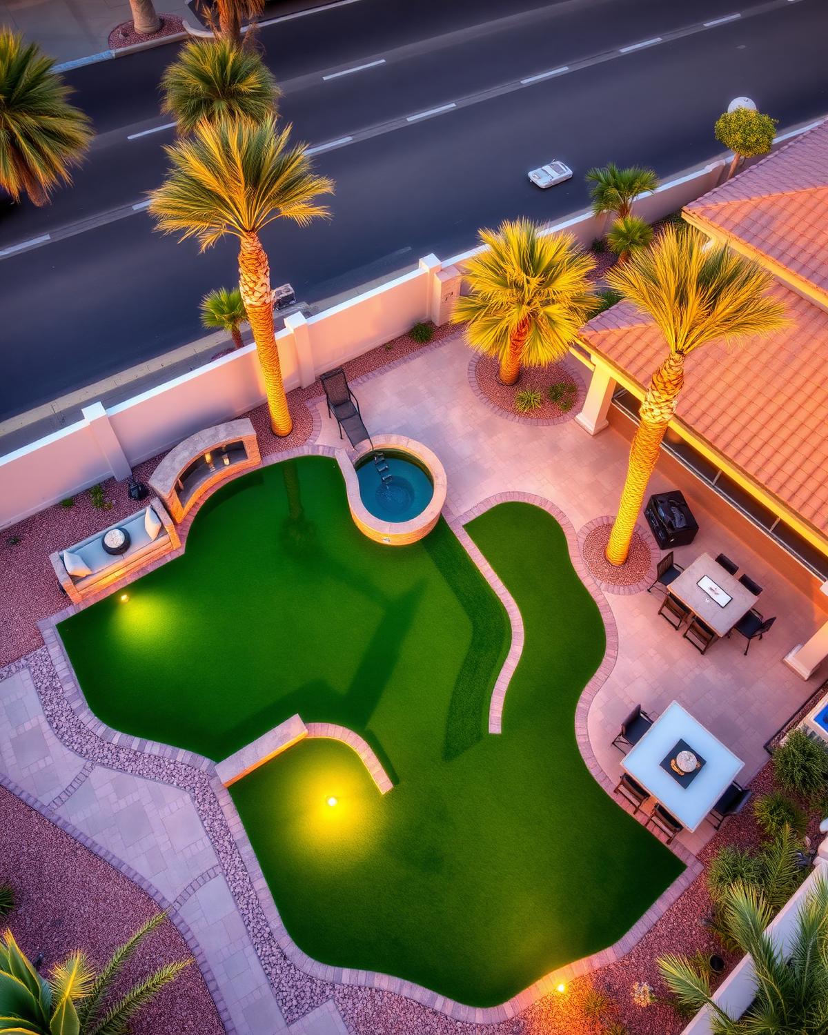 Aerial view of luxury backyard with pool and turf