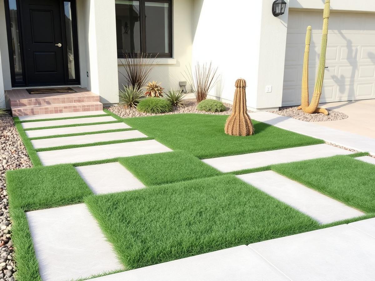 Modern front yard with pavers and turf