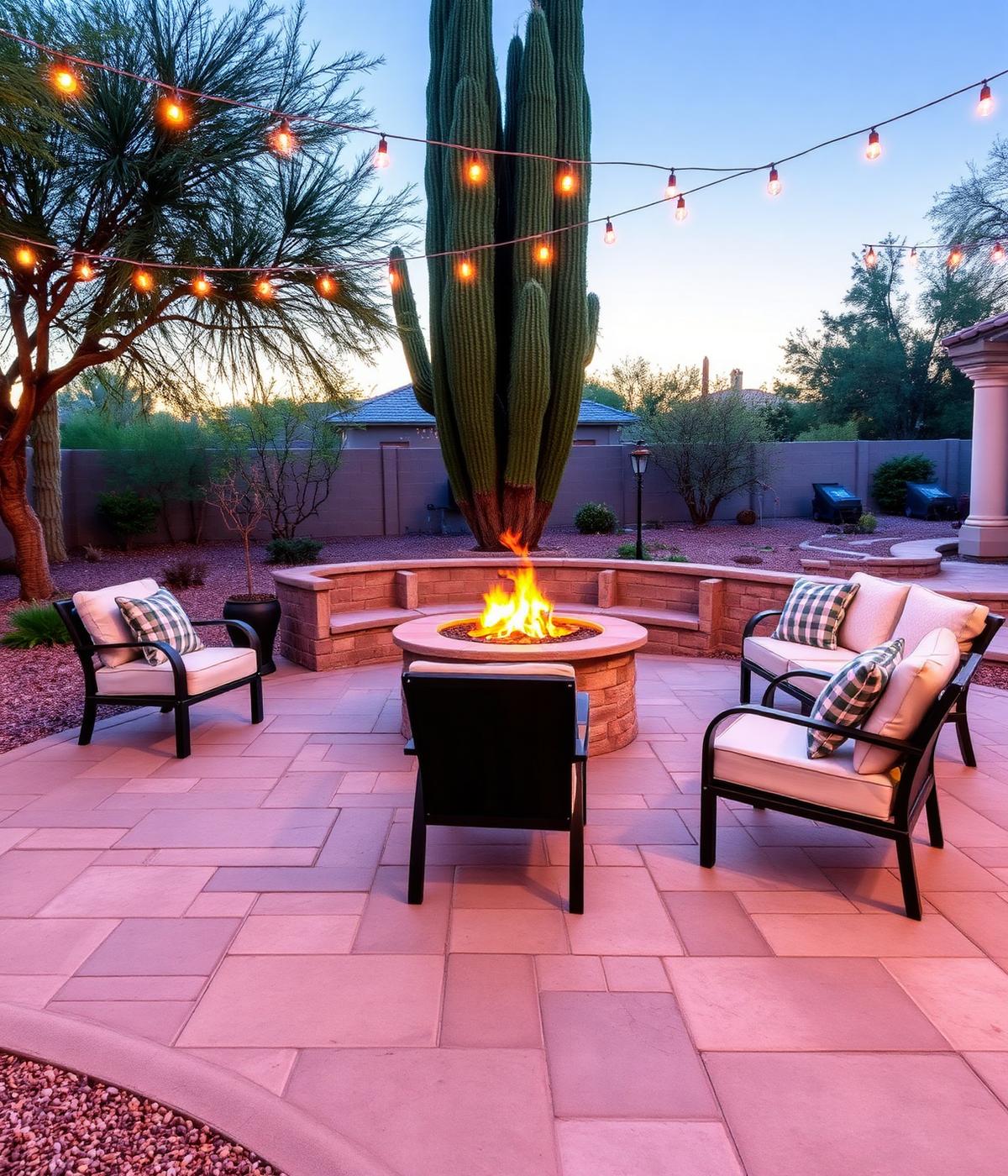 Fire pit lounge with pavers at dusk