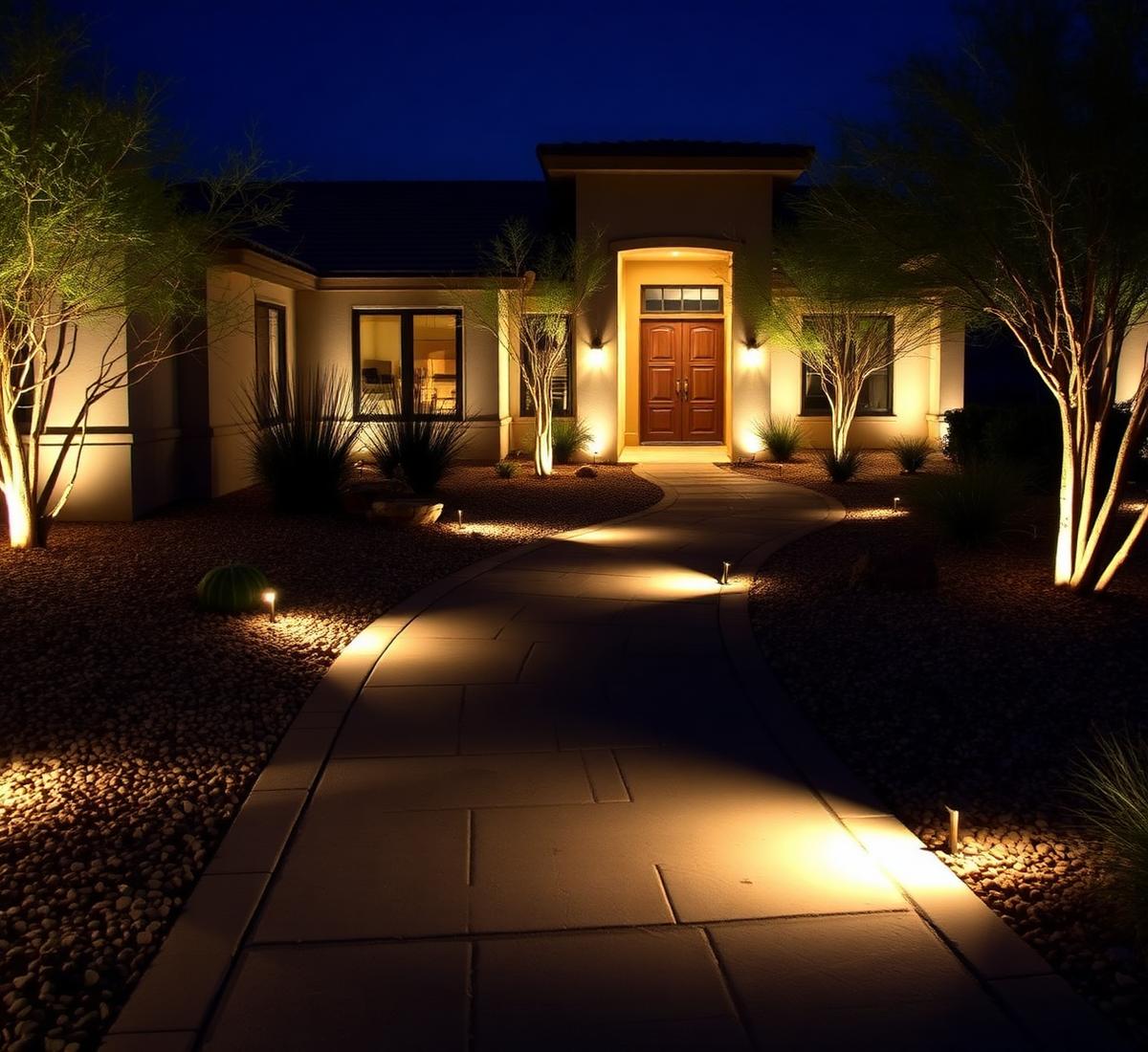 Landscape lighting on modern home walkway