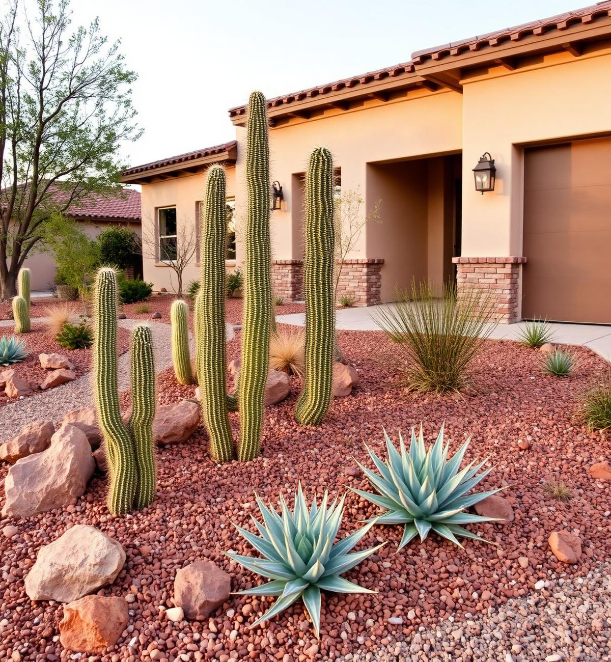 Desert xeriscape landscaping with cacti