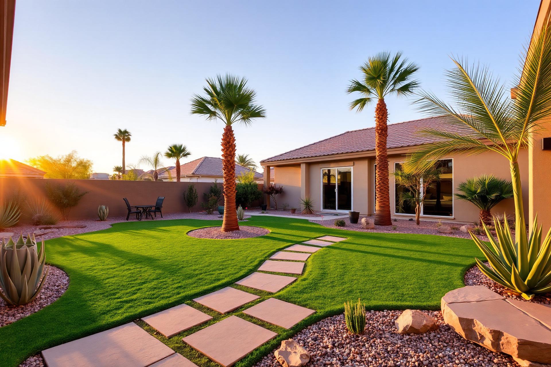 Beautiful landscaped Las Vegas backyard at golden hour